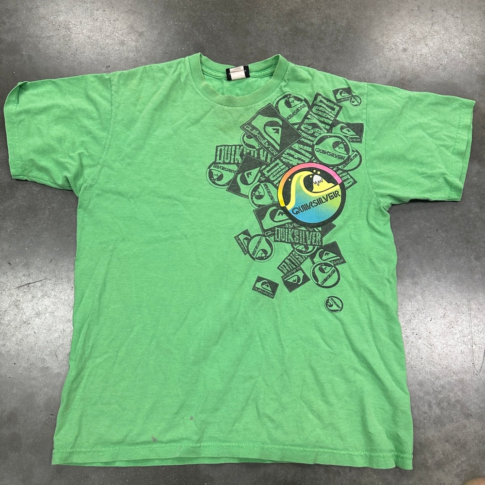 Quiksilver Mens Green Graphic T-Shirt Small Wave Logo Surf Tee AX3P072
